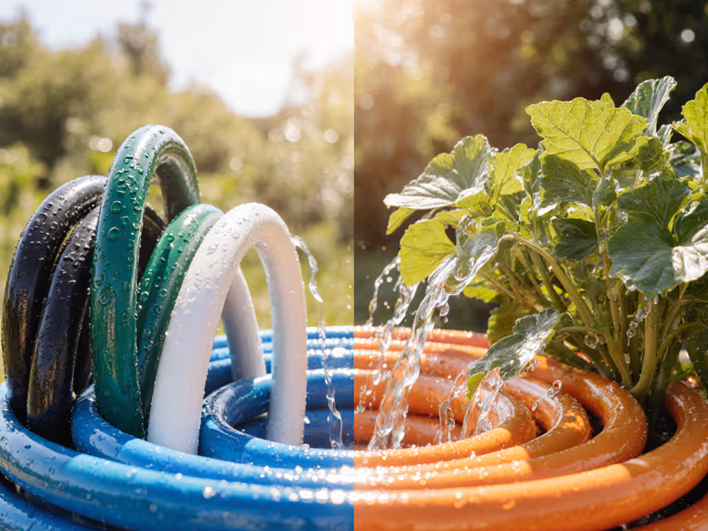 hose_colors_in_sunlight_affecting_water_temperature_in_a_vegetable_garden