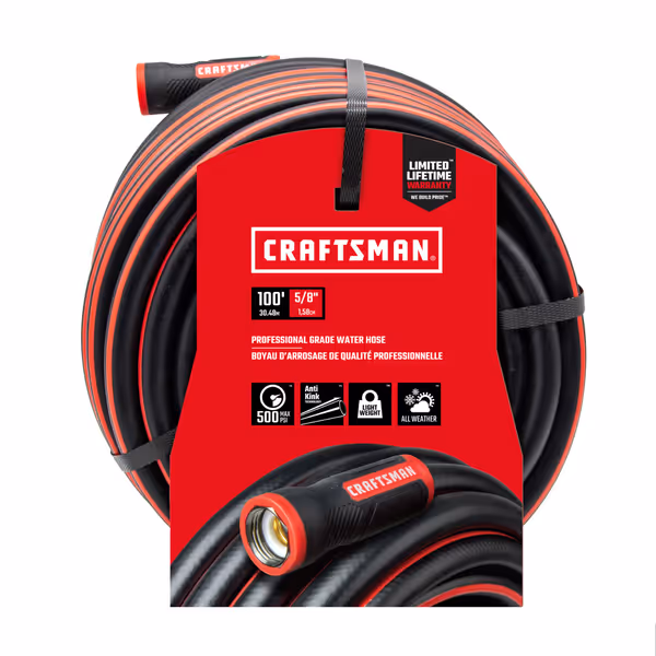 CRAFTSMAN Heavy Duty Professional Grade Black Garden Hose, 100 Feet x 5/8 Inch